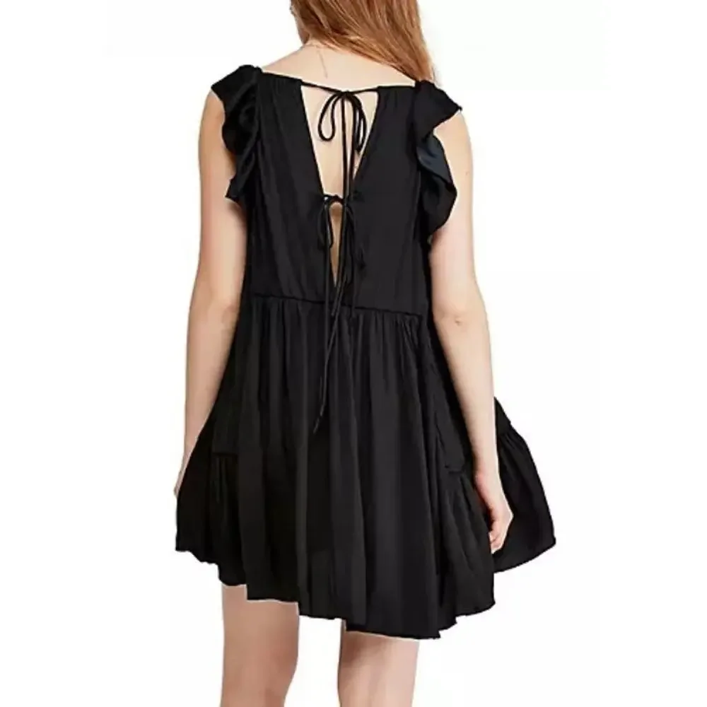 Intimately Free People Want Your Love Black Smocked Tiered Babydoll Mini Dress S